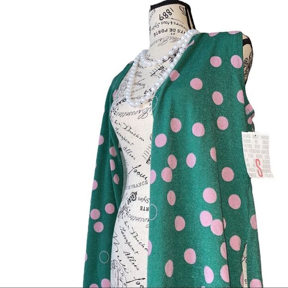LuLaRoe Small Joy Vest • Forest Green With Rose Polka Dots • Long Sweater Vest - Picture 3 of 12